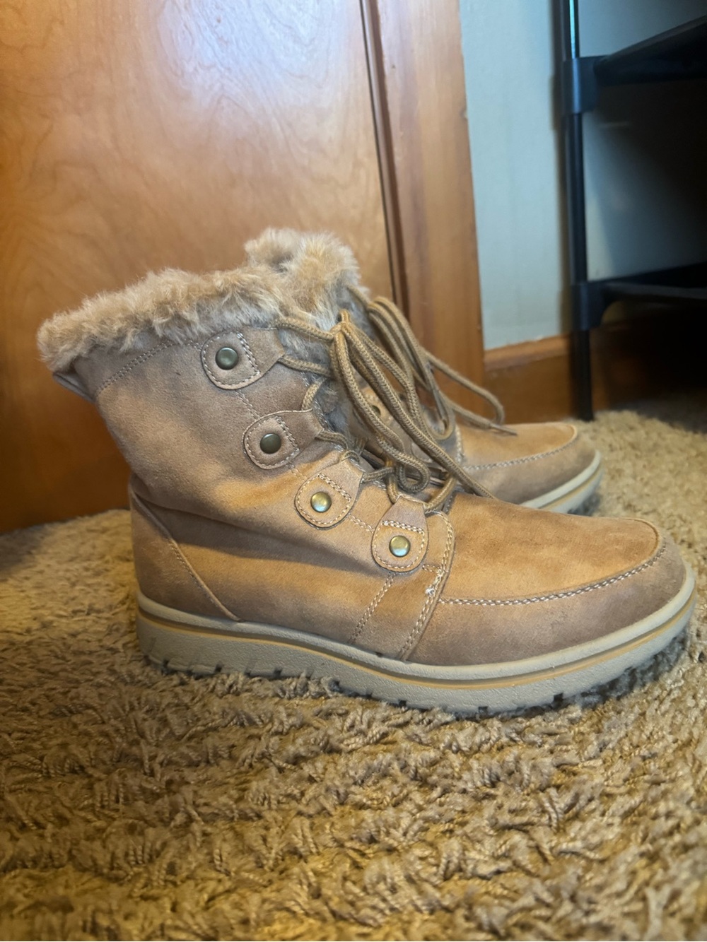 Cliffs by WHITE MOUNTAIN Tan Lace-Up Faux Fur Collar Boots